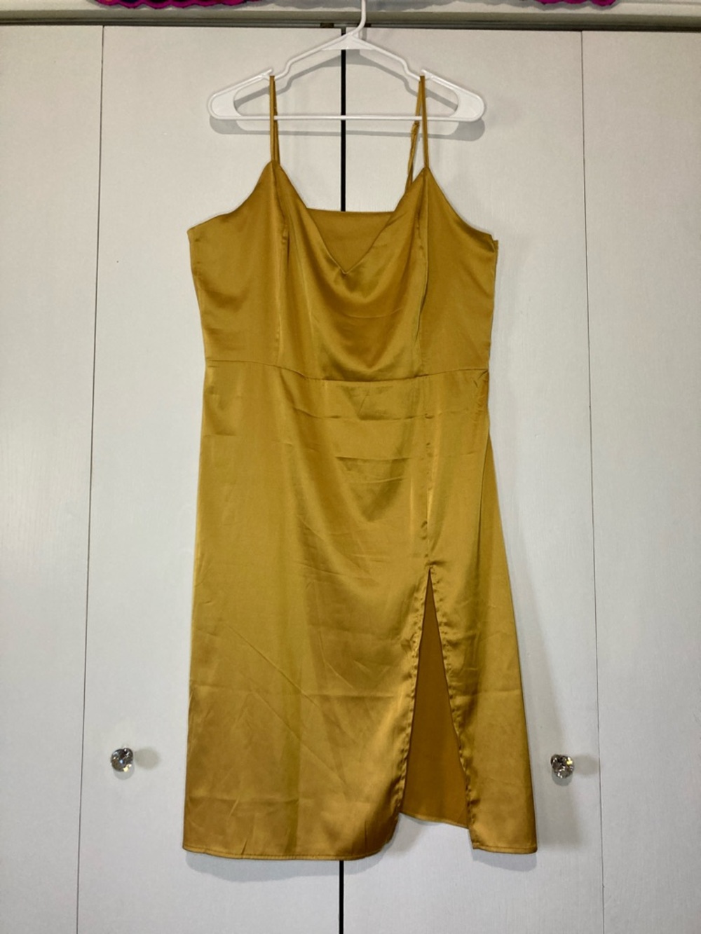 2XL Bias Cut Satin Slip Dress Gold Cowl Neck Y2K 90s Grunge Phoebe Slit